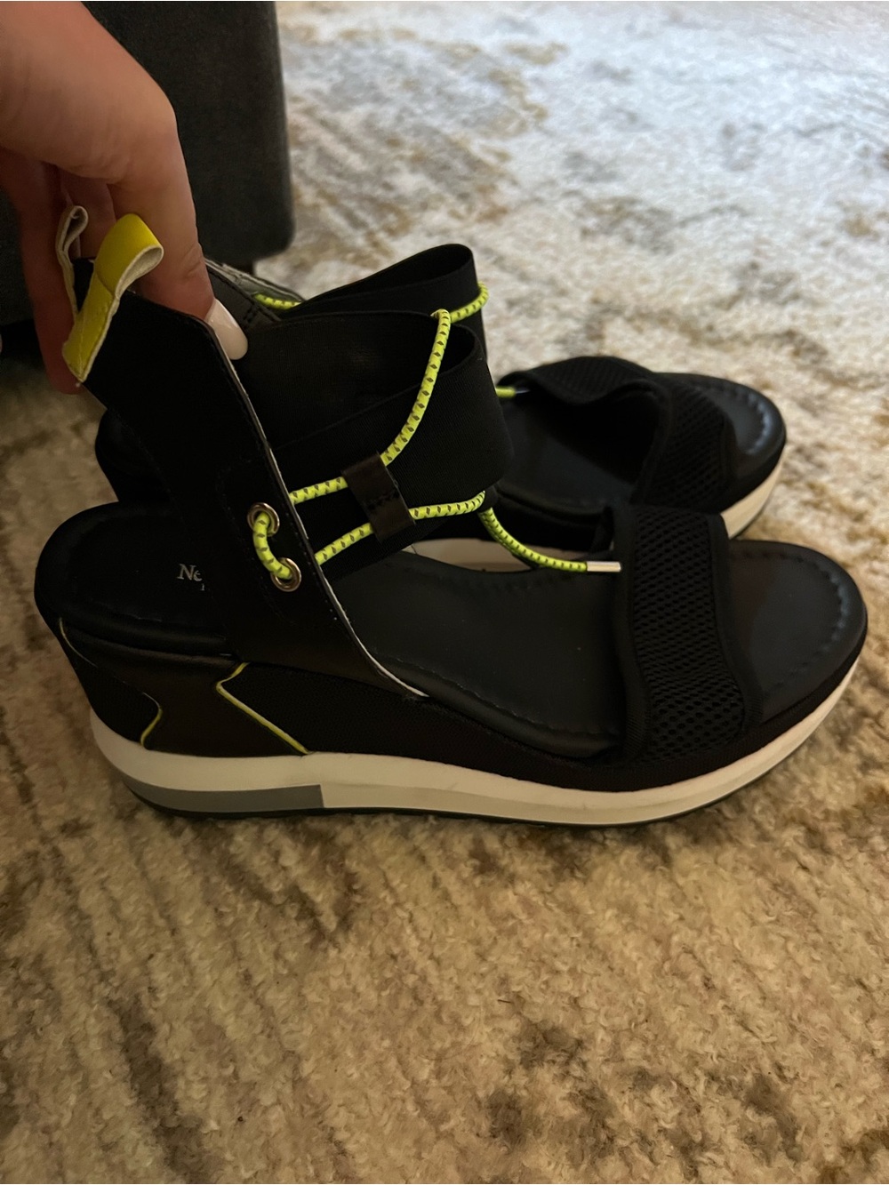 Nero Giardini Black Wedge Sandals with Neon Yellow Accents - Picture 5 of 6